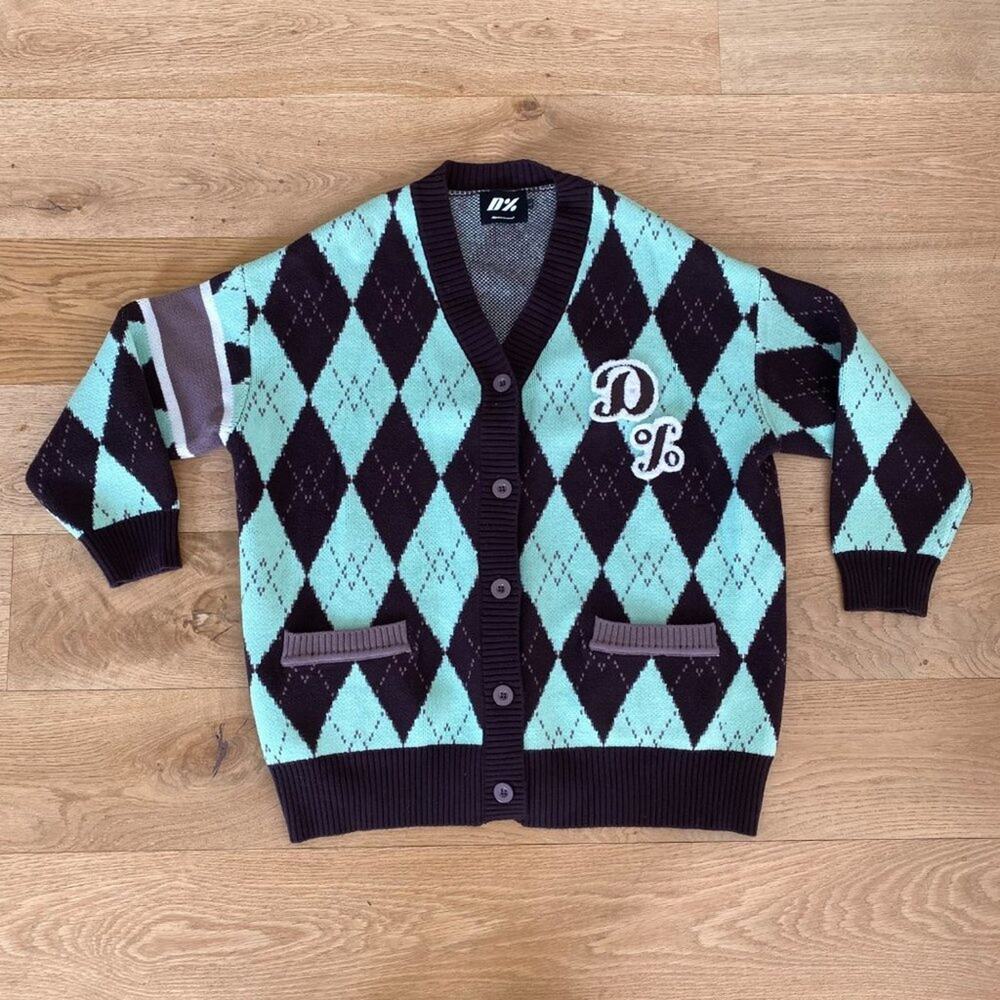 Dpercent D% - Argyle Knit V Neck Cardigan in Brown & Green